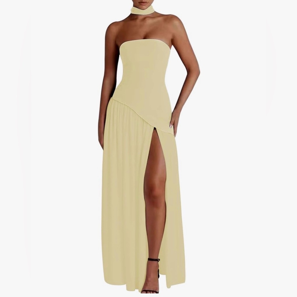 Yellow Tube Dress Strapless Side Slit Maxi Dresses